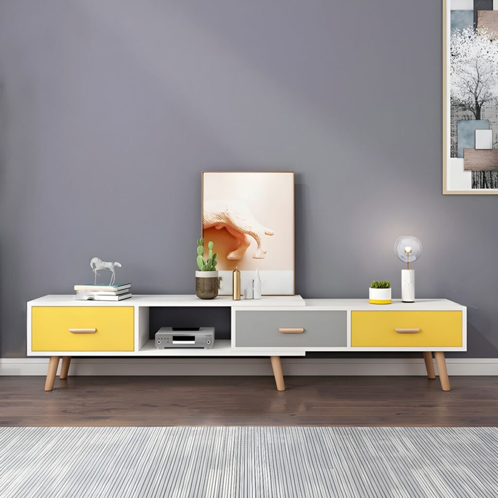 Multi Color Block TV Stand 125 inch in vibrant grey and yellow.