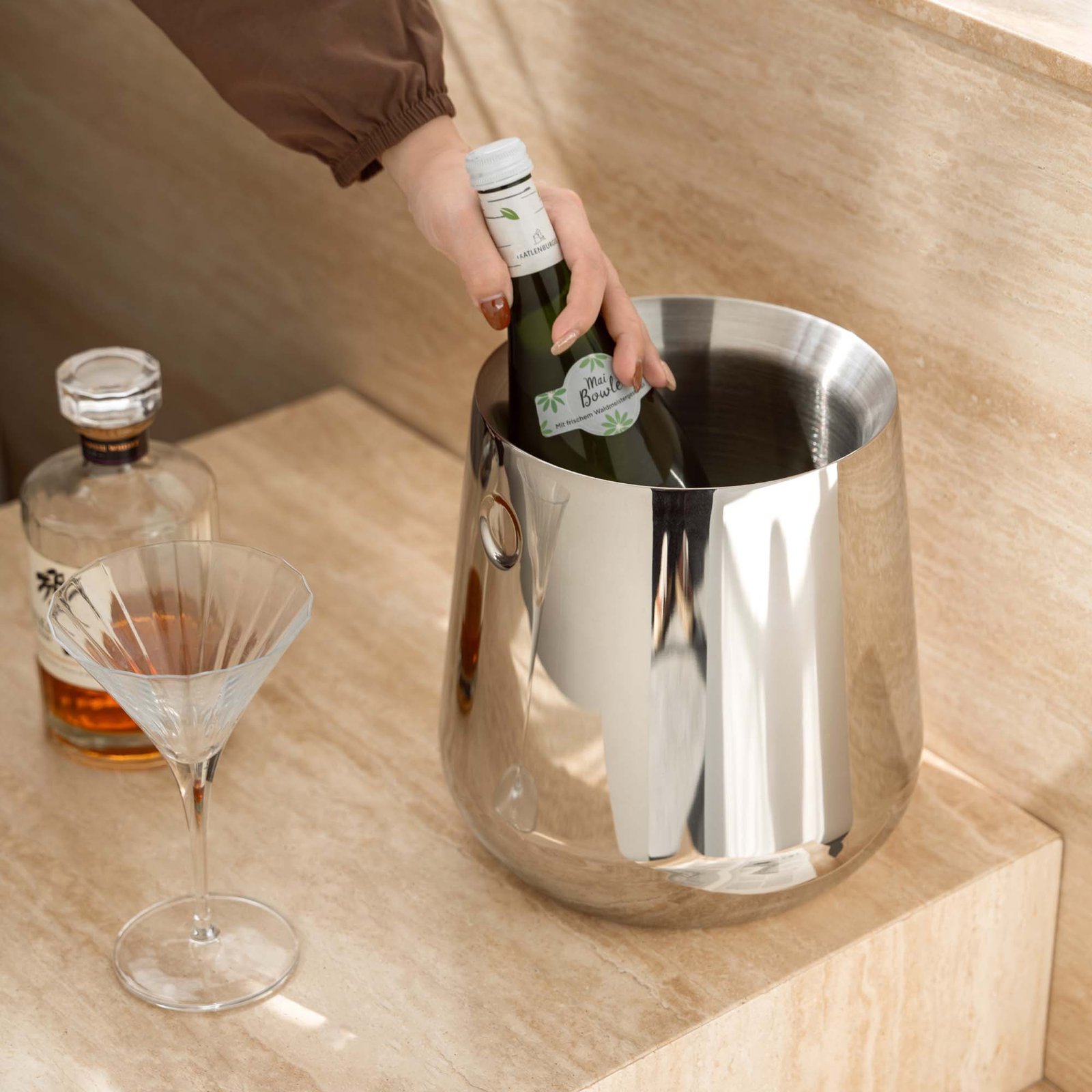 Close-up of the Recessed Linear Handle Barware, highlighting the precision-engineered folding mechanism and the brilliant reflective chrome finish.