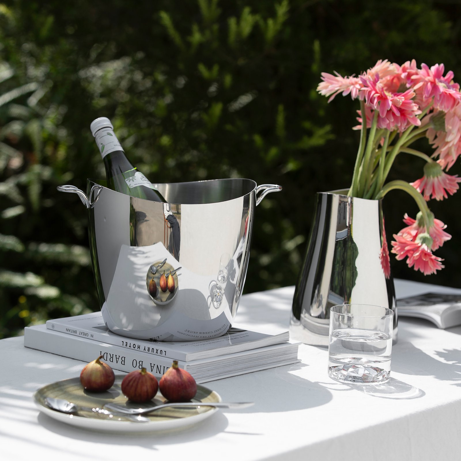 Steel Ice Bucket featuring cylindrical tubular handles and matching tongs, showcased as a Luxury Mirror Polished Wine Chiller.