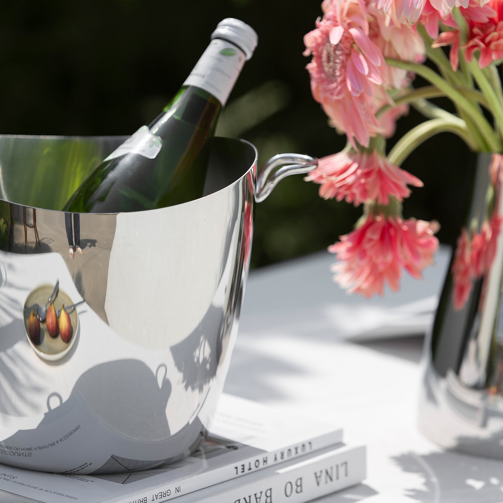 Close-up of the Tubular Industrial Design Barware, highlighting the precision-fit handles and the brilliant reflective chrome finish.