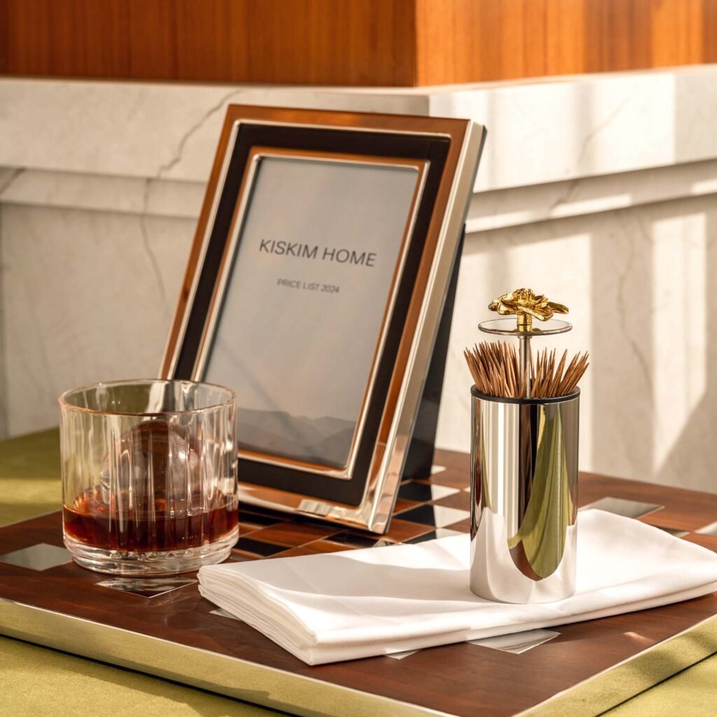 Close-up of the Modernist Zen-Style Tableware, highlighting the delicate petal textures and the deep-set reflective chrome finish.