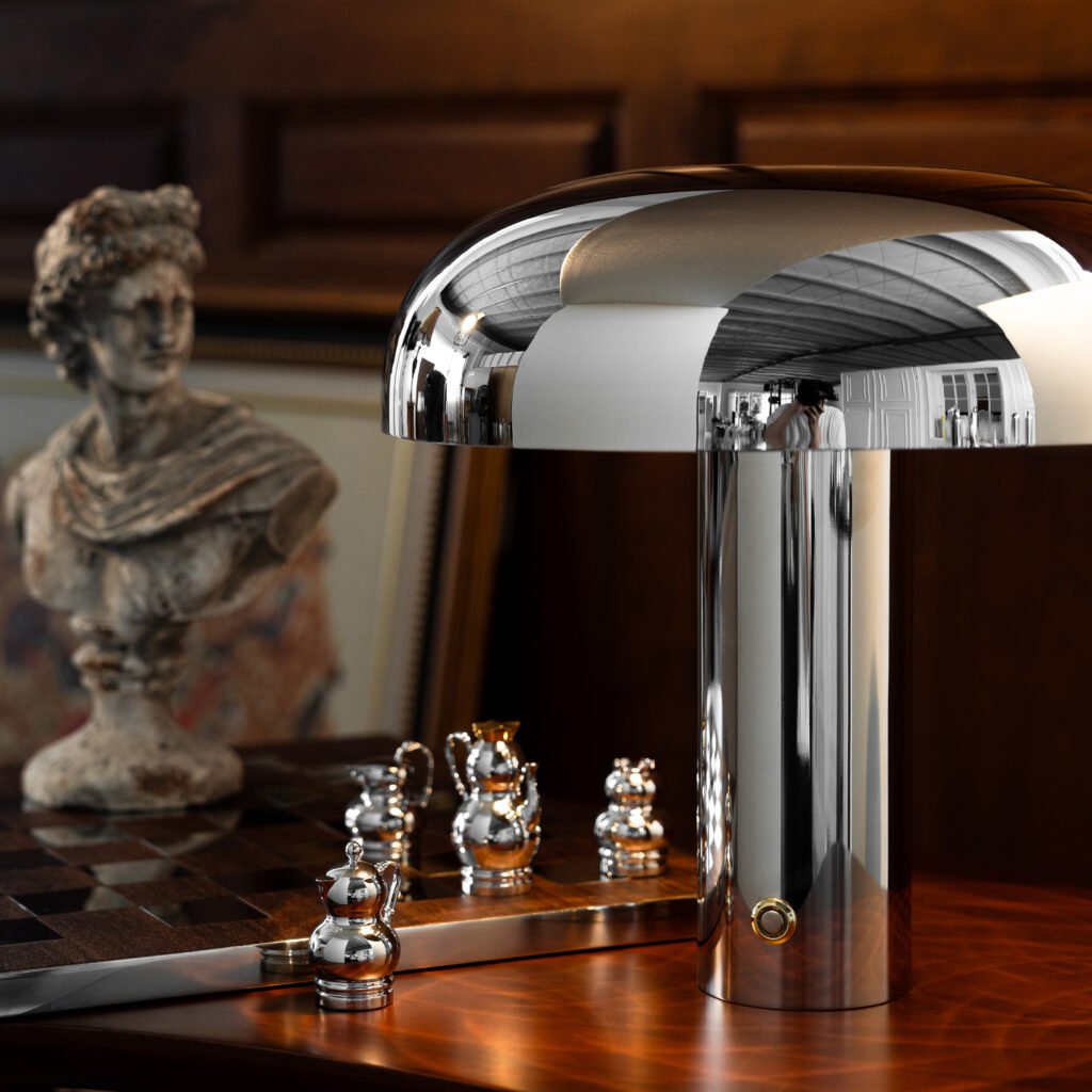 Steel Table Lamp (SS-19) featuring a mirror-polished mushroom-shaped dome and a sleek cylindrical base, showcased as a Luxury Mirror Polished Mushroom Light.