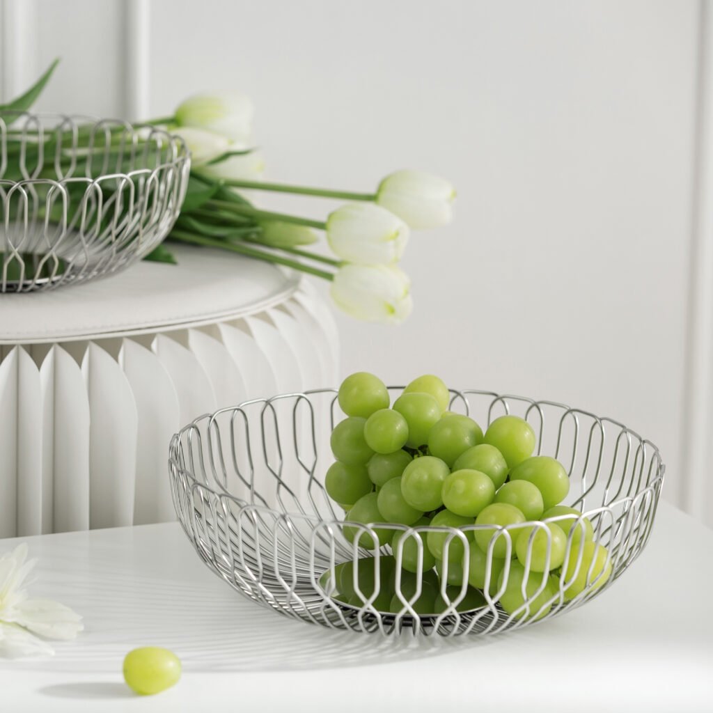 Steel Bread Basket placed on a rustic linen tablecloth filled with artisanal sourdough, representing Reflective High-End Gastronomy Art elegance.