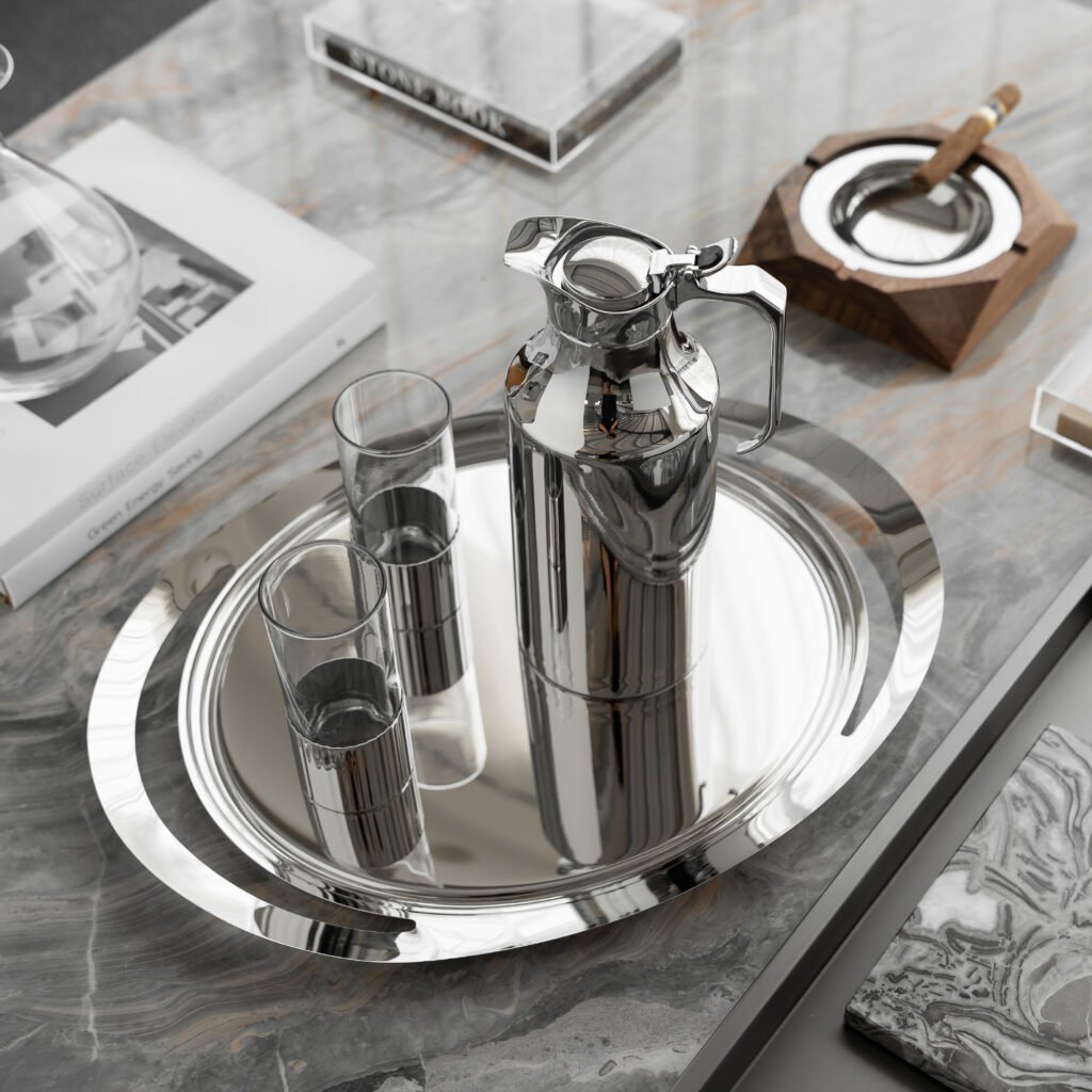 Thermal Pitcher Set alongside matching cups, representing Reflective High-End Hospitality Ware for boutique hotels.