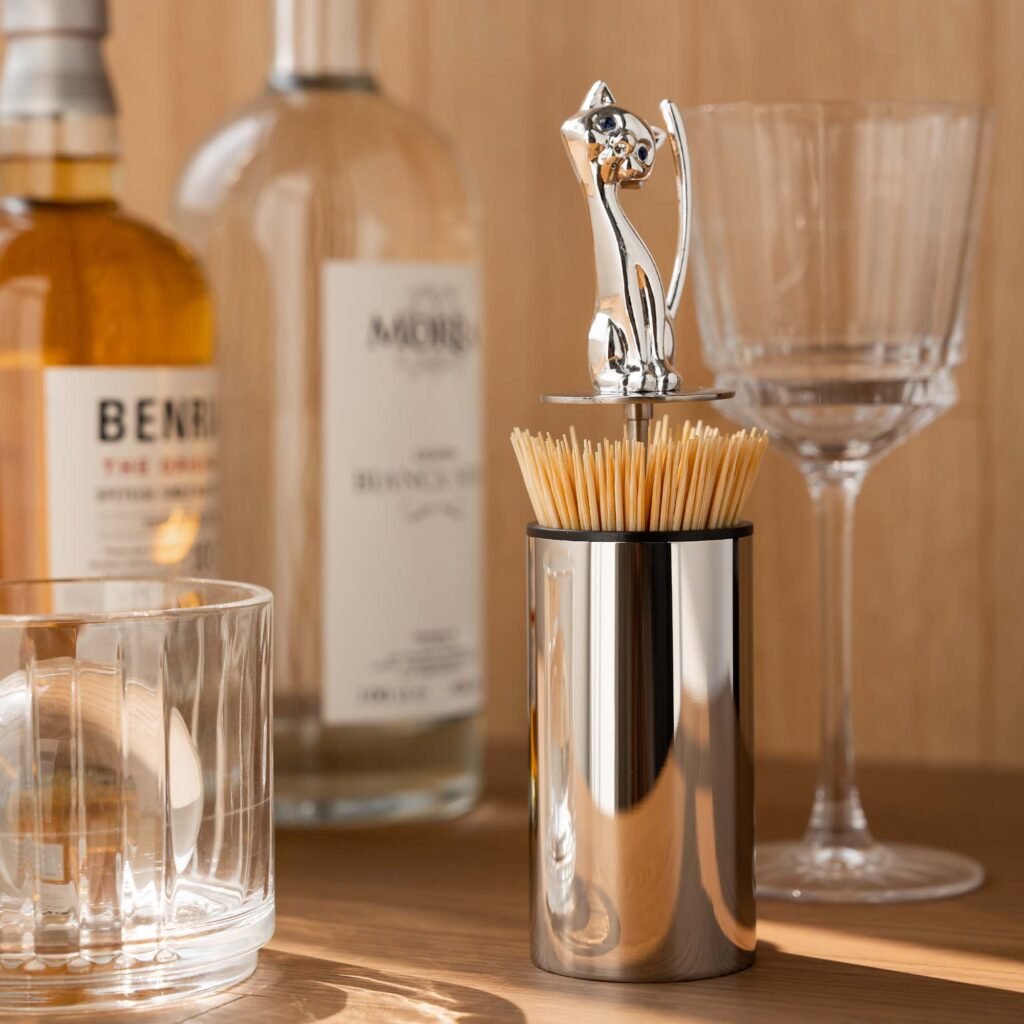 Steel Cat Toothpick holder (SS-108) featuring a mirror-polished base and distinct cat ear finials, showcased as a Luxury Mirror Polished Kitten Holder.