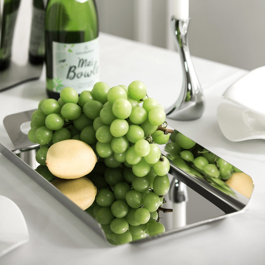 Steel Long Tray (SS-47) featuring a long, mirror-polished rectangular body for serving and display, showcased as a Luxury Mirror Polished Serving Platter.
