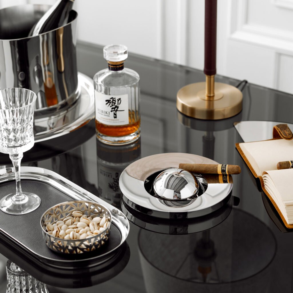 Steel Modern Ashtray (SS-49) featuring a deep, mirror-polished circular body with a sleek inward-curved rim, showcased as a Luxury Mirror Polished Ash Basin.