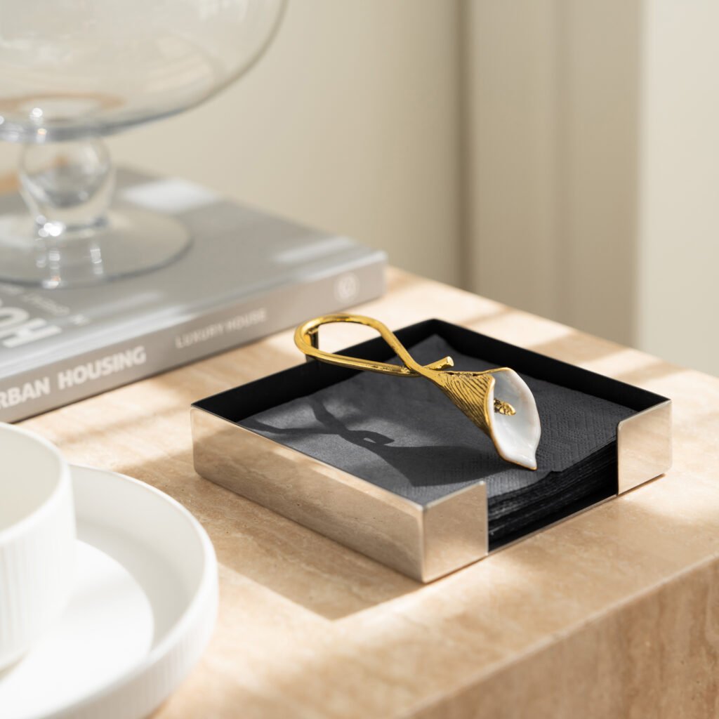 Steel Lily Napkin holder (SS-198) featuring a mirror-polished Calla Lily sculptural design, showcased as a Luxury Mirror Polished Floral Holder.