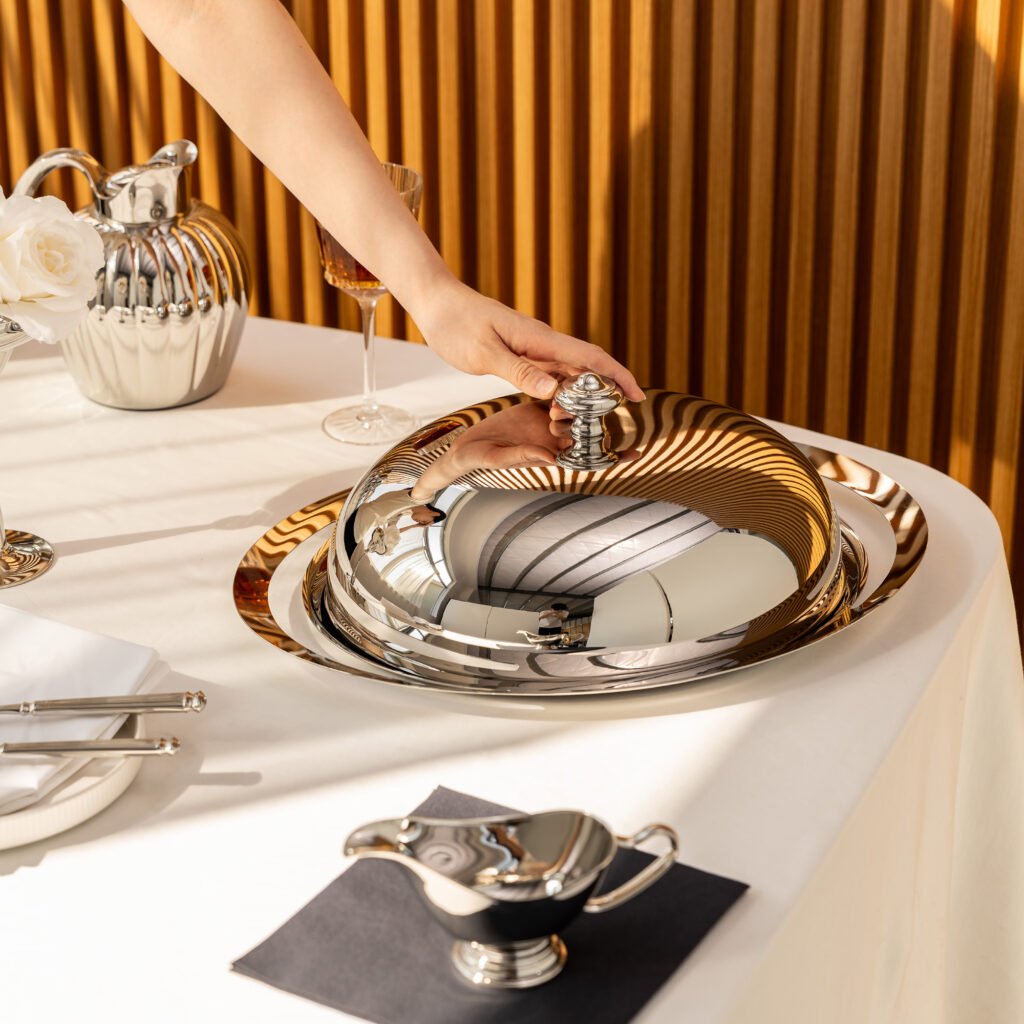 Steel Service Platter (SS-71) featuring a mirror-polished rectangular surface with precision-angled edges, showcased as a Luxury Mirror Polished Serving Tray.