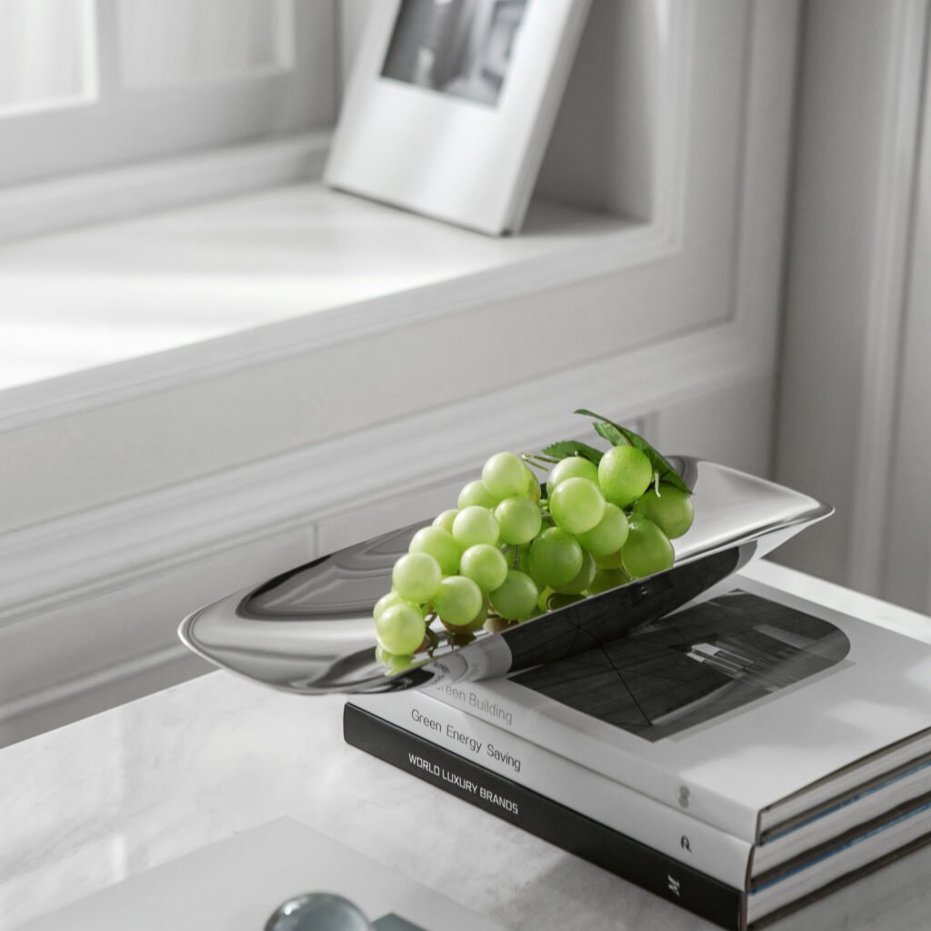Steel Angled Bowl used to serve colorful gourmet appetizers on a minimalist bar counter, representing Reflective High-End Display Art.