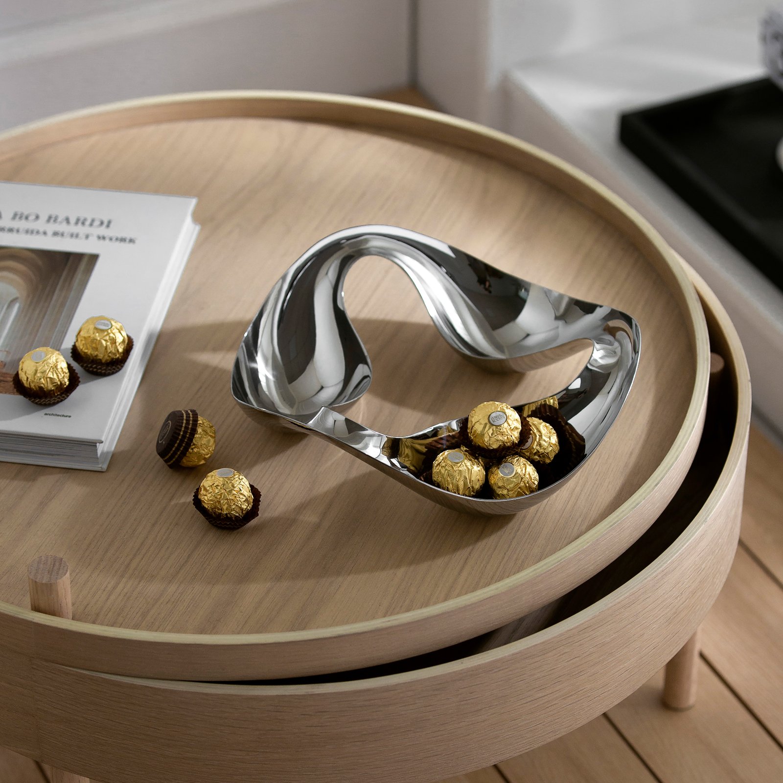 Steel Triple Bowl (SS-79) featuring three mirror-polished hemispherical basins connected for snacks, showcased as a Luxury Mirror Polished 3-Compartment Dish.