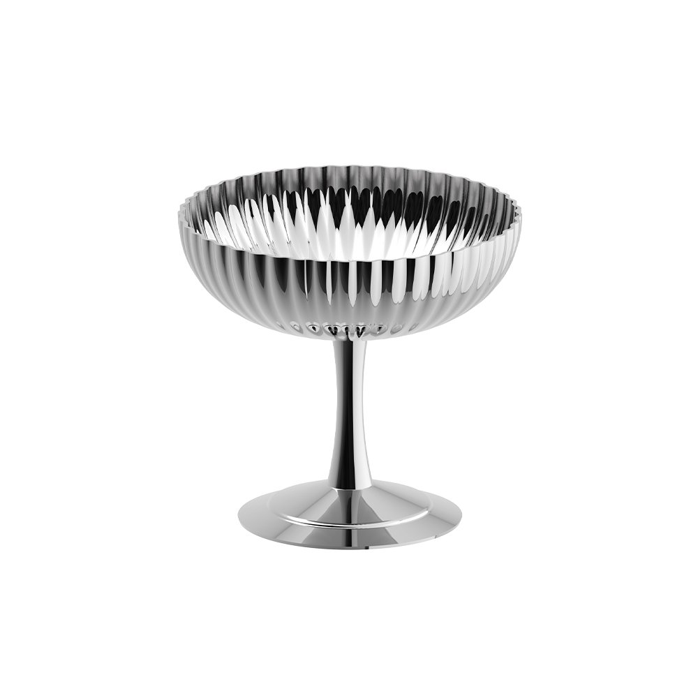 Steel Ribbed Cup placed on a concrete textured counter with a vibrant berry sorbet, representing Reflective Architectural Dessert Art elegance.