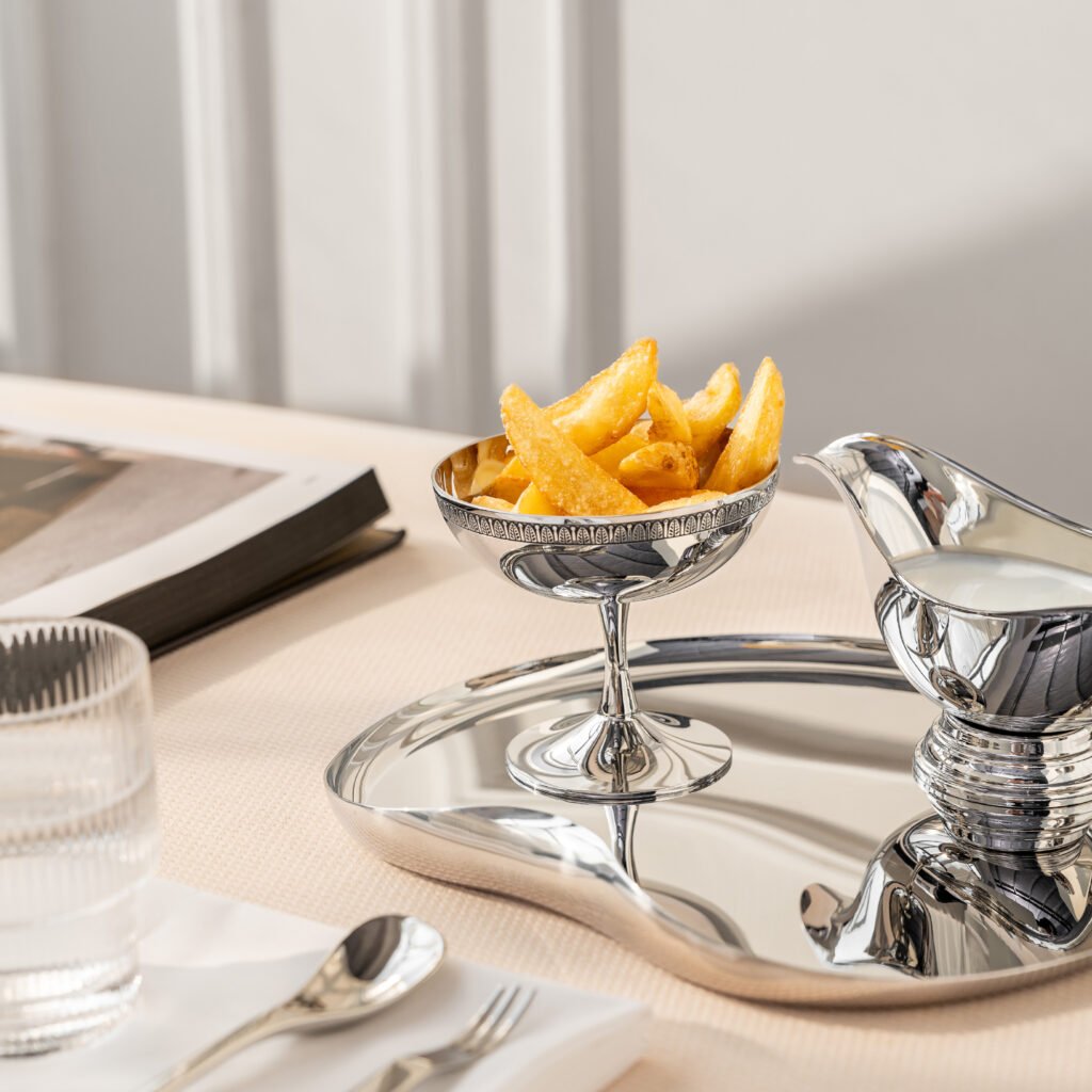 Steel Dessert Cup (SS-91) featuring a mirror-polished stemmed bowl for sorbet and ice cream, showcased as a Luxury Mirror Polished Sorbet Bowl.