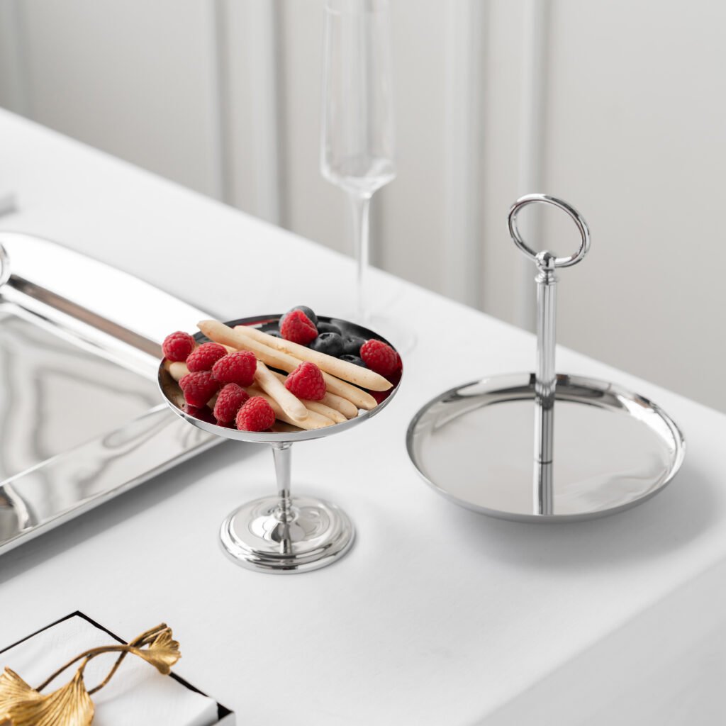 Steel Appetizer Dish (SS-95) featuring a mirror-polished square/circular pool design for sauces and snacks, showcased as a Luxury Mirror Polished Dipping Plate.