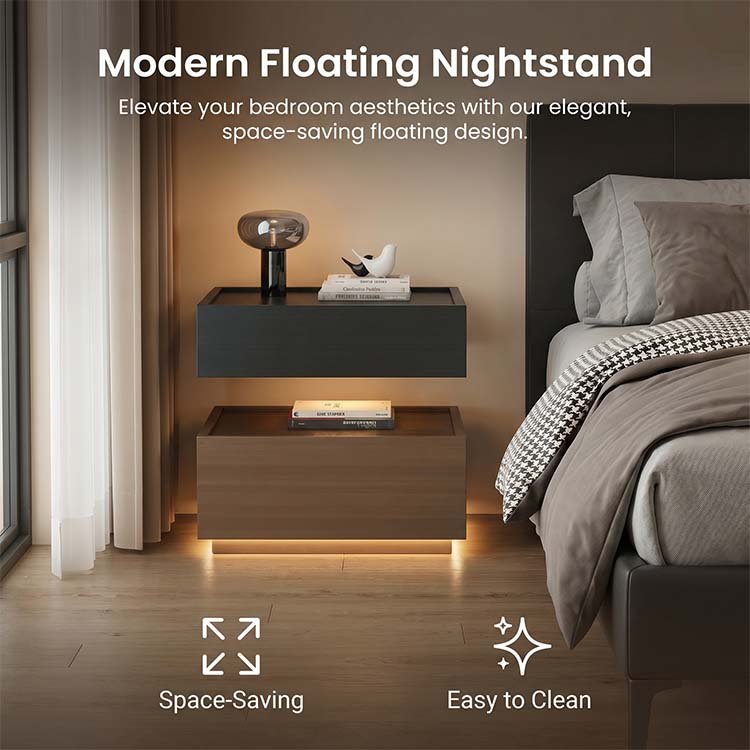 Apexerahomelife JX-BT-029 modern nightstand with LED light and recessed handle close up view