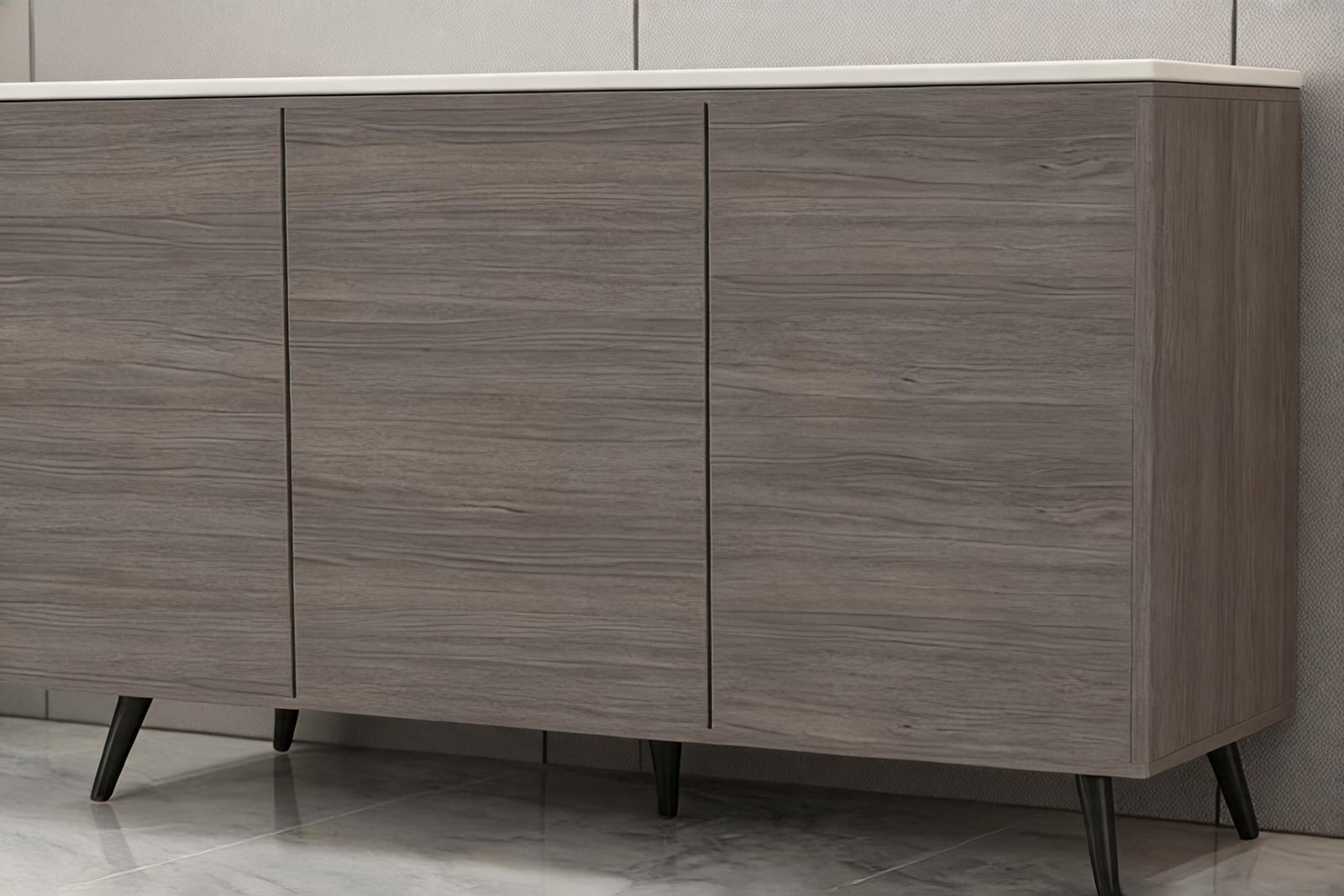Close-up of 5-tier shoe cabinet handleless wood-grain doors and white top trim