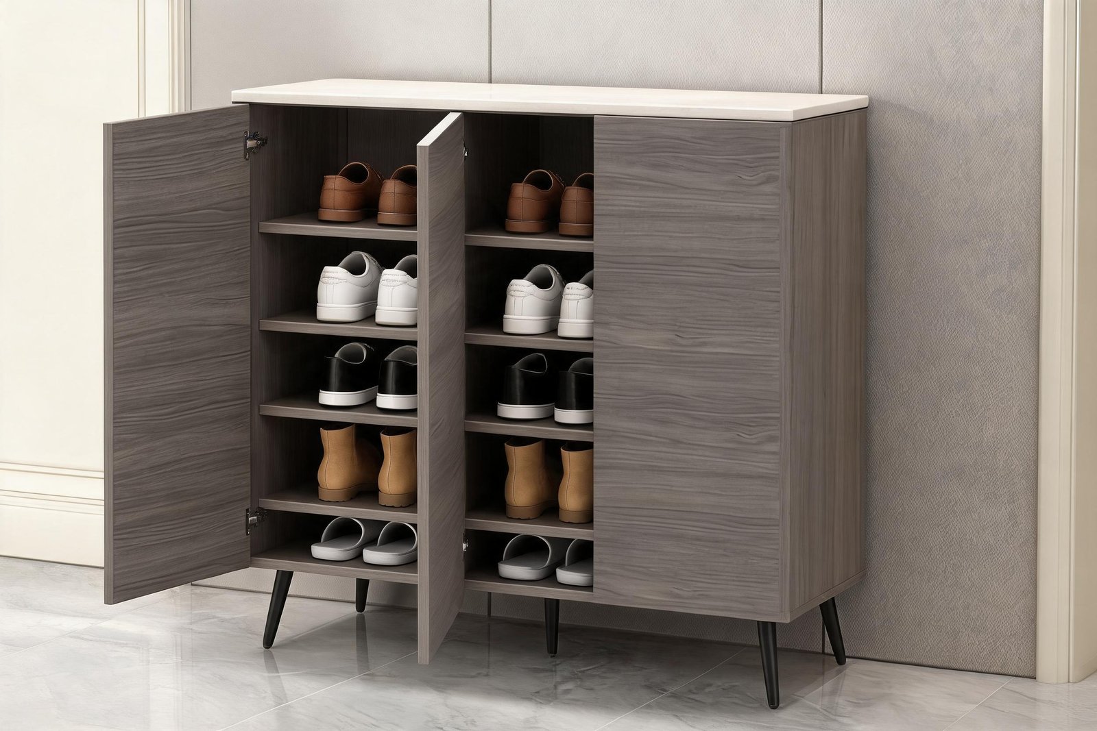 5-tier shoe storage cabinet with doors open revealing five interior shelves with shoes