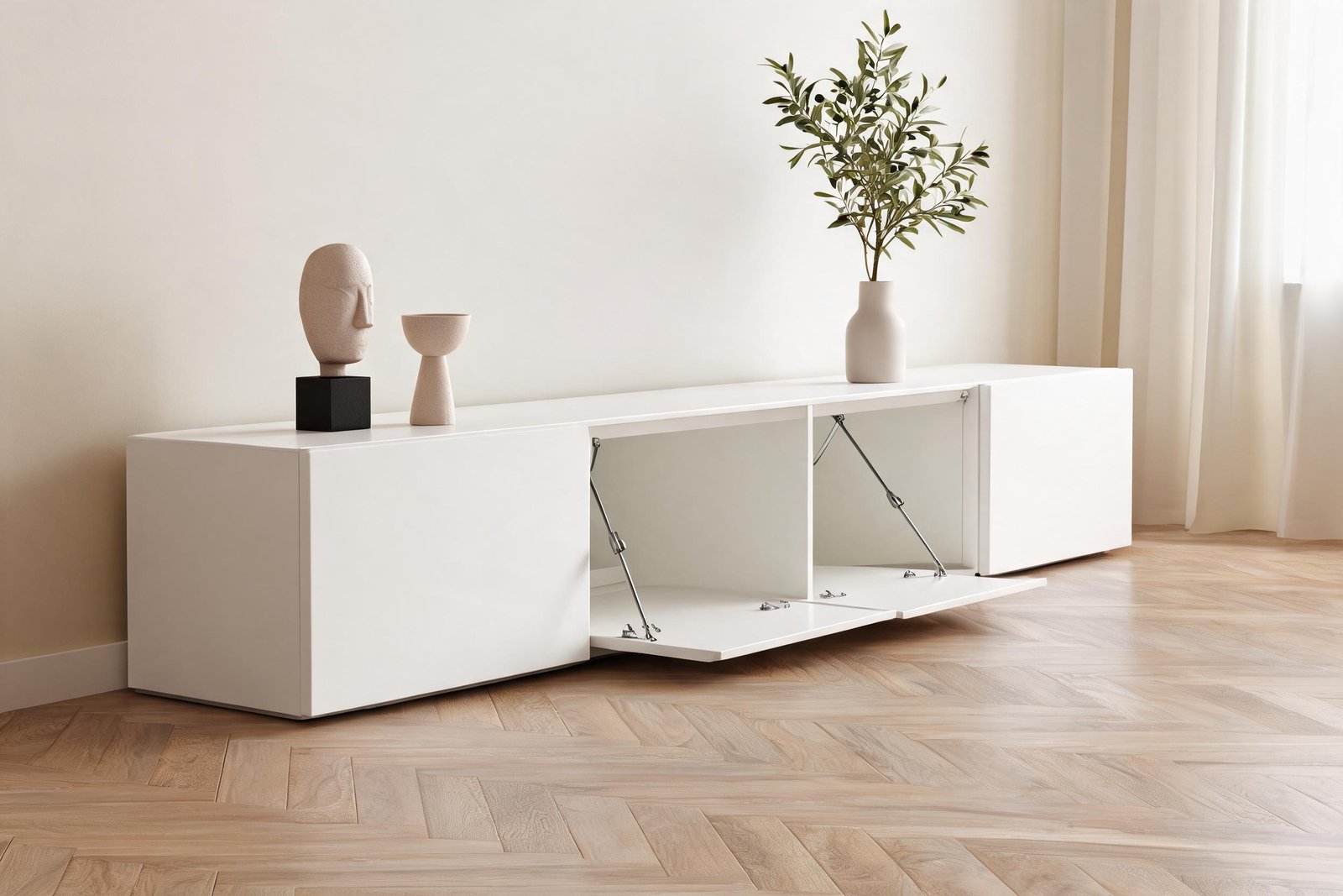 59-inch white TV stand styled with ceramic decor and olive branch in a warm cream interior