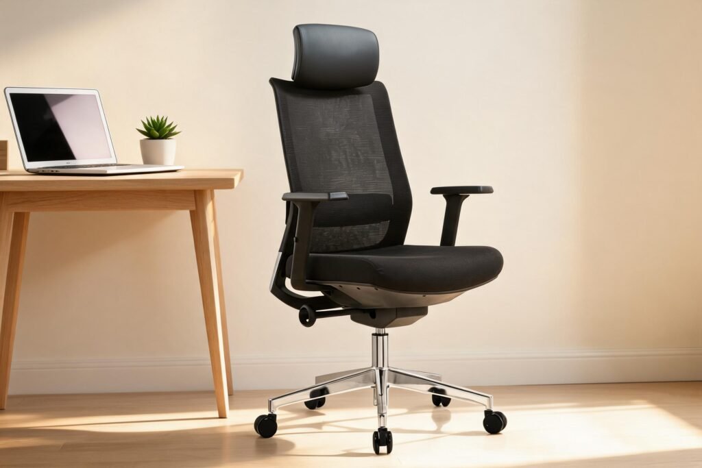 Best ergonomic office chair for long hours with breathable mesh back and chrome five-star base in a warm cream home office