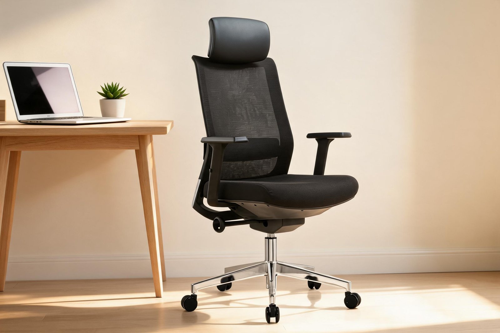 Best Ergonomic Office Chair for Long Hours (FG-360A Review) 1 Best ergonomic office chair for long hours with breathable mesh back and chrome five-star base in a warm cream home office