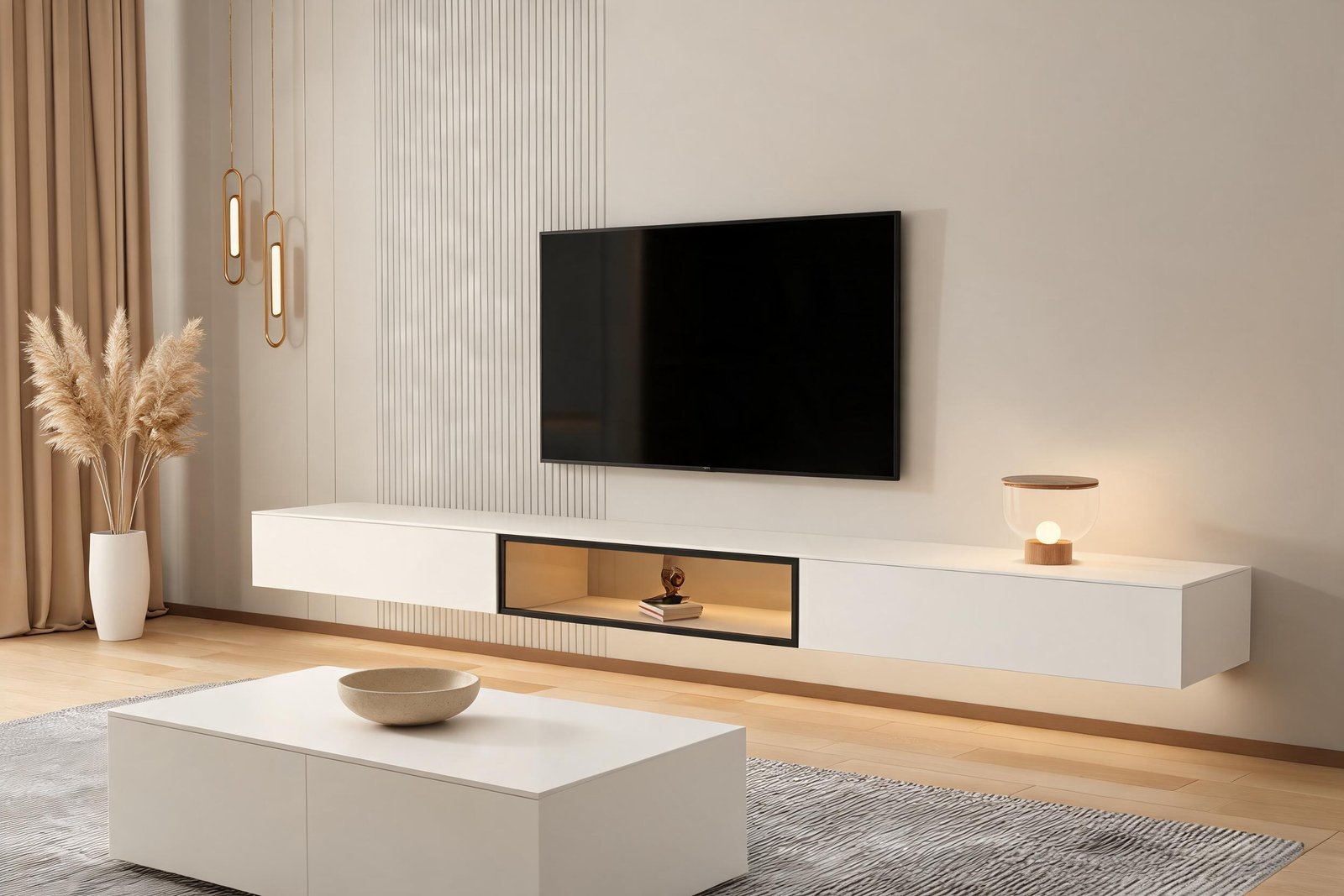 Evening scene of the best tv stand with led lights setting: a floating white media console glowing low with a shadow gap of light under the slab in a warm cream living room