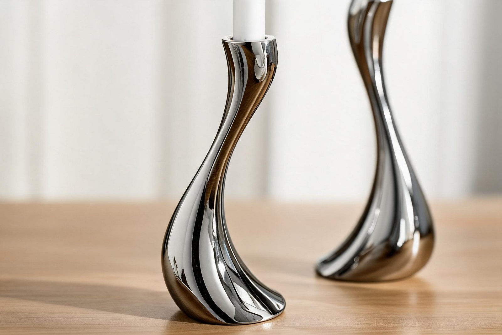 Close-up of a mirror polished stainless steel candle holder showing the S-curve stem and the single candle cup holding one ivory taper candle