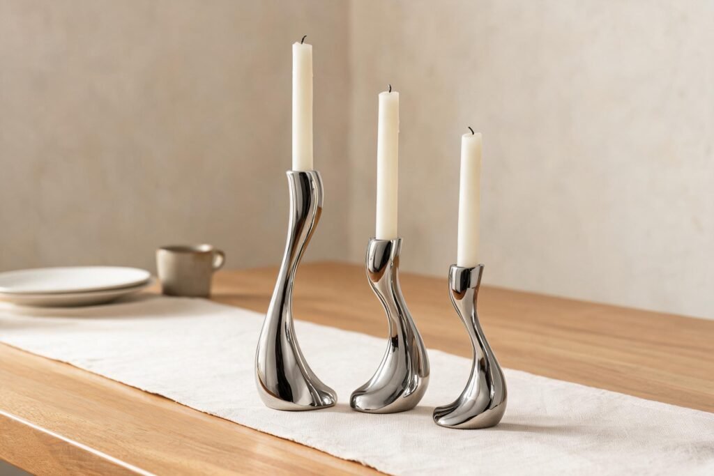 Candle holder decor ideas in practice: three mirror polished stainless steel S-curve candle holders in three heights with ivory taper candles on a warm oak dining table