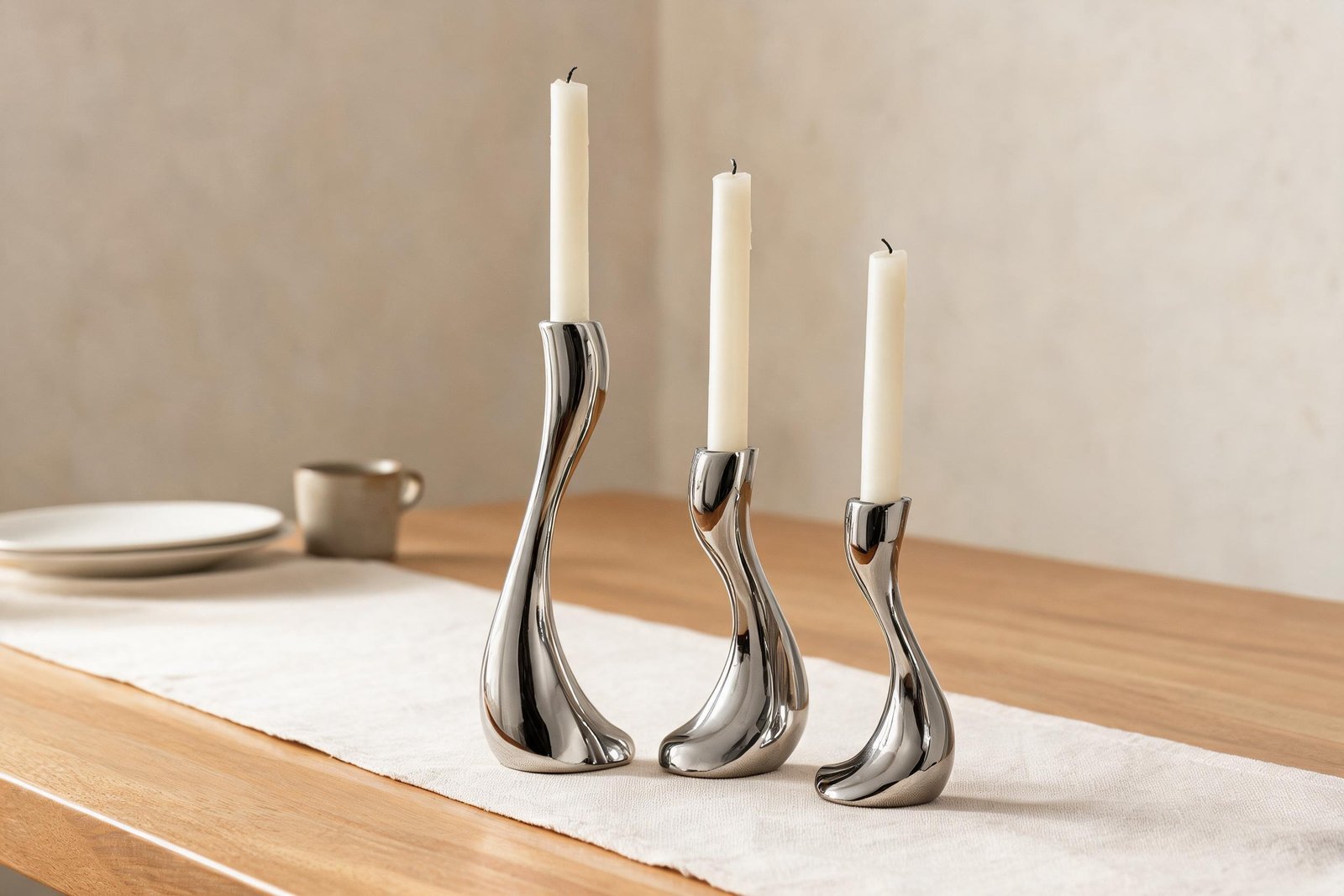 Candle holder decor ideas in practice: three mirror polished stainless steel S-curve candle holders in three heights with ivory taper candles on a warm oak dining table