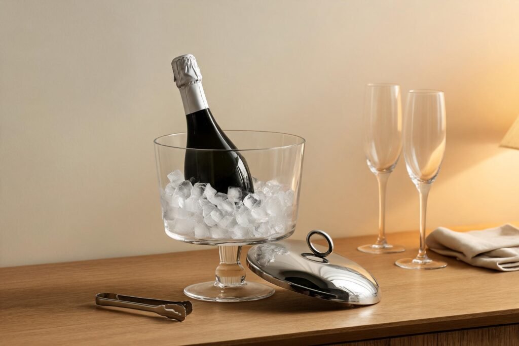 Champagne bucket vs ice bucket comparison: a clear borosilicate glass ice bucket with a mirror polished steel domed lid, ring handle and steel tongs on a warm oak bar top
