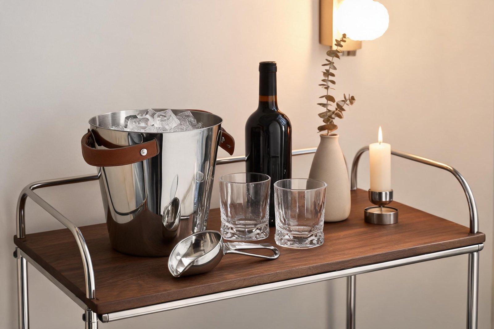 Chrome bar cart styled with a leather handled ice bucket, glasses, bottle and candle