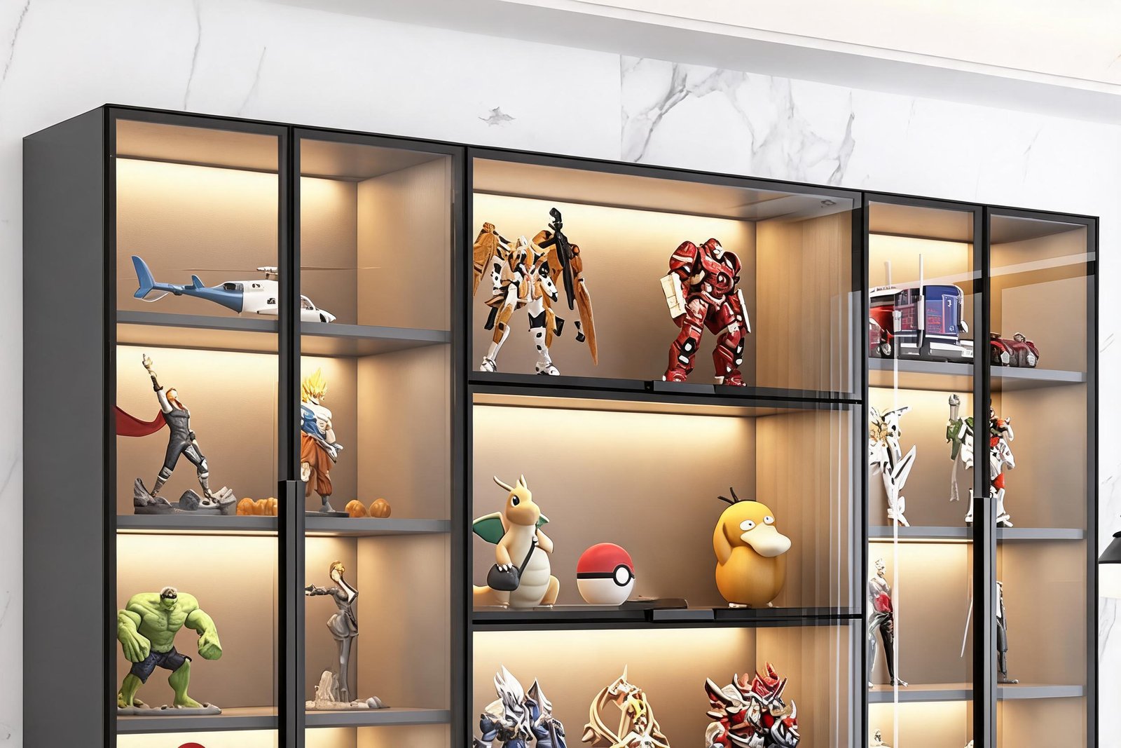 Close-up of glass display cabinet tempered glass doors and warm LED shelves