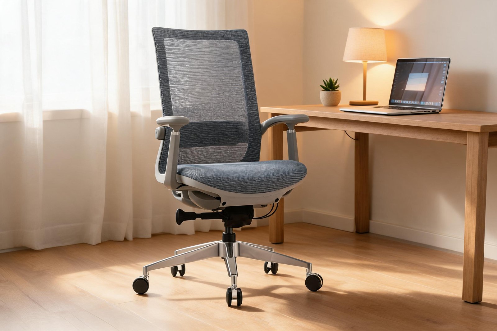 Ergonomic mesh office chair at a light oak desk in a warm home office setup