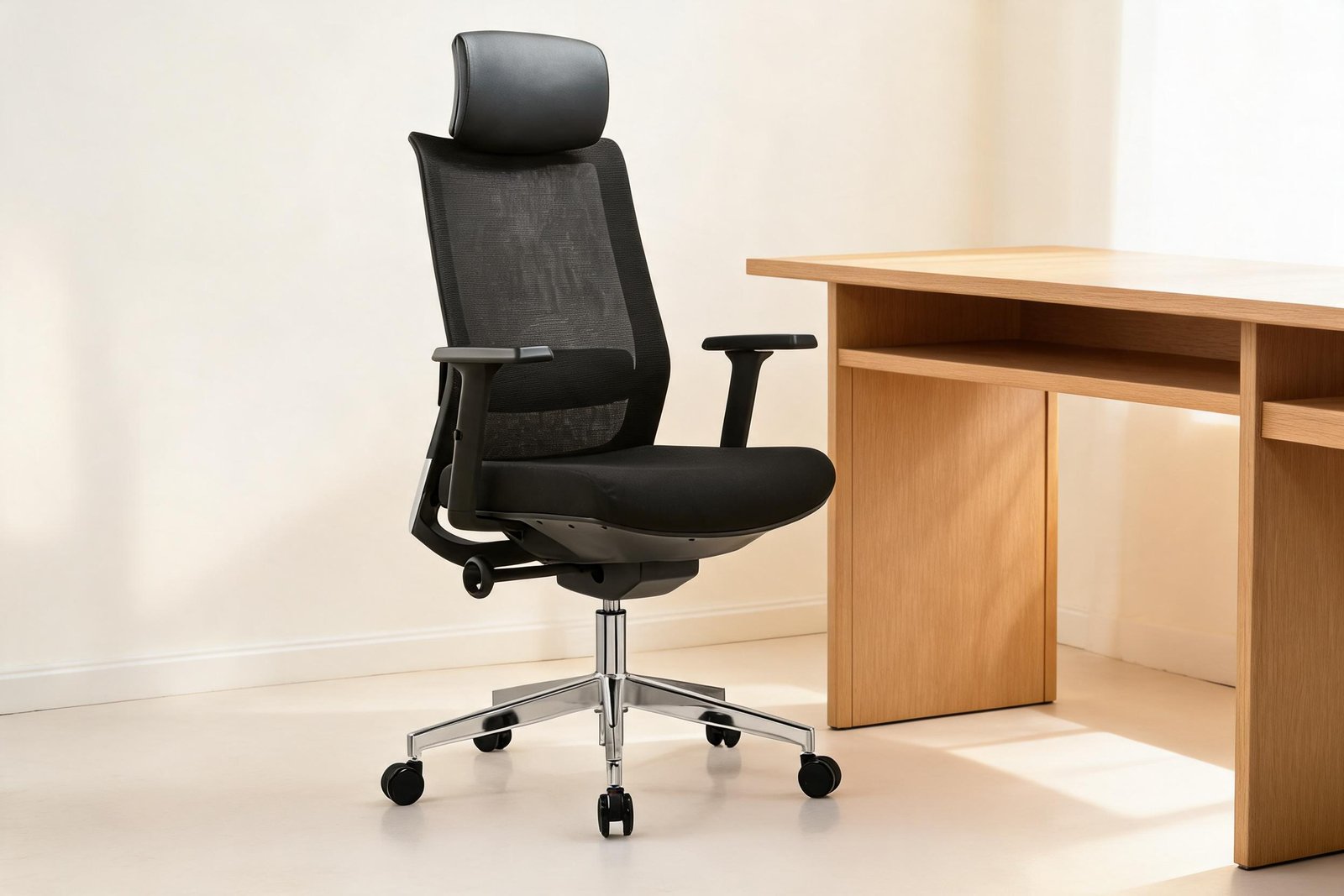 Best Ergonomic Office Chair for Long Hours (FG-360A Review) 3 Ergonomic office chair with mesh back and polished chrome base beside a light wood desk in a home office