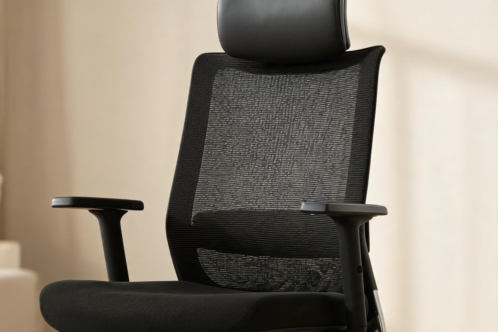 Best Ergonomic Office Chair for Long Hours (FG-360A Review) 2 Close-up of ergonomic office chair mesh backrest and integrated lumbar support with padded headrest