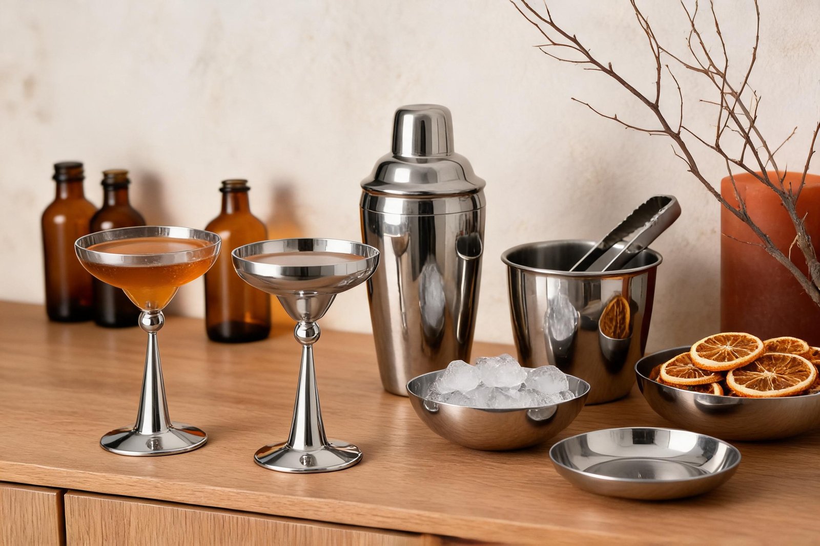 Fall bar cart ideas styled with mirror stainless steel barware: a steel cocktail glass beside a glass coupe, a steel shaker, a steel ice bucket with tongs, steel dishes of ice and dried orange slices, amber bottles and a rust candle on warm oak