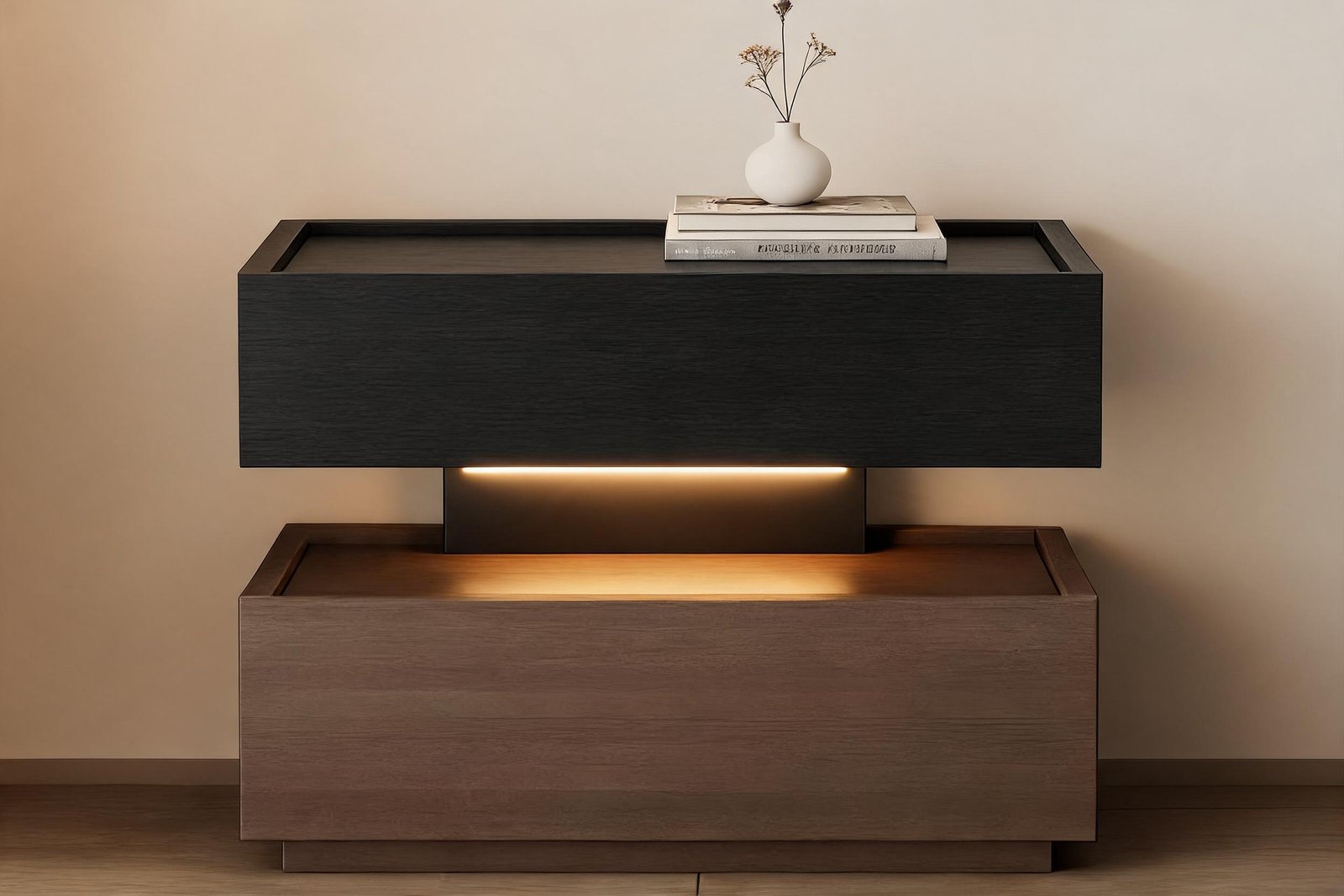 Floating two-tone LED nightstand close-up with warm glow on the lower tier