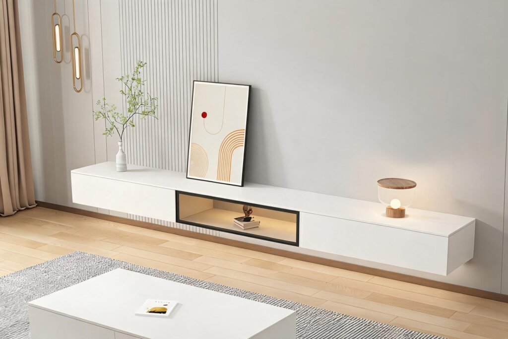 Example image showing floor tv stand in a styled room setting