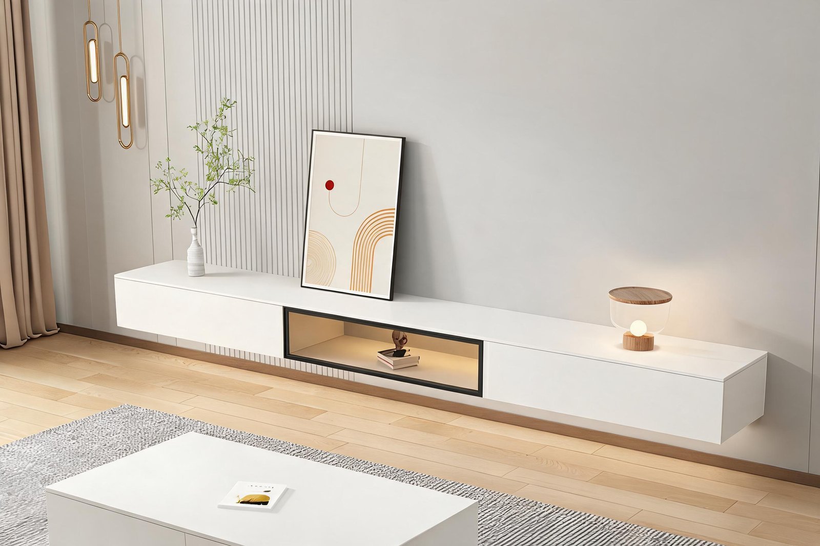 Floating wall-mounted TV stand with LED lighting and glass doors in a modern living room