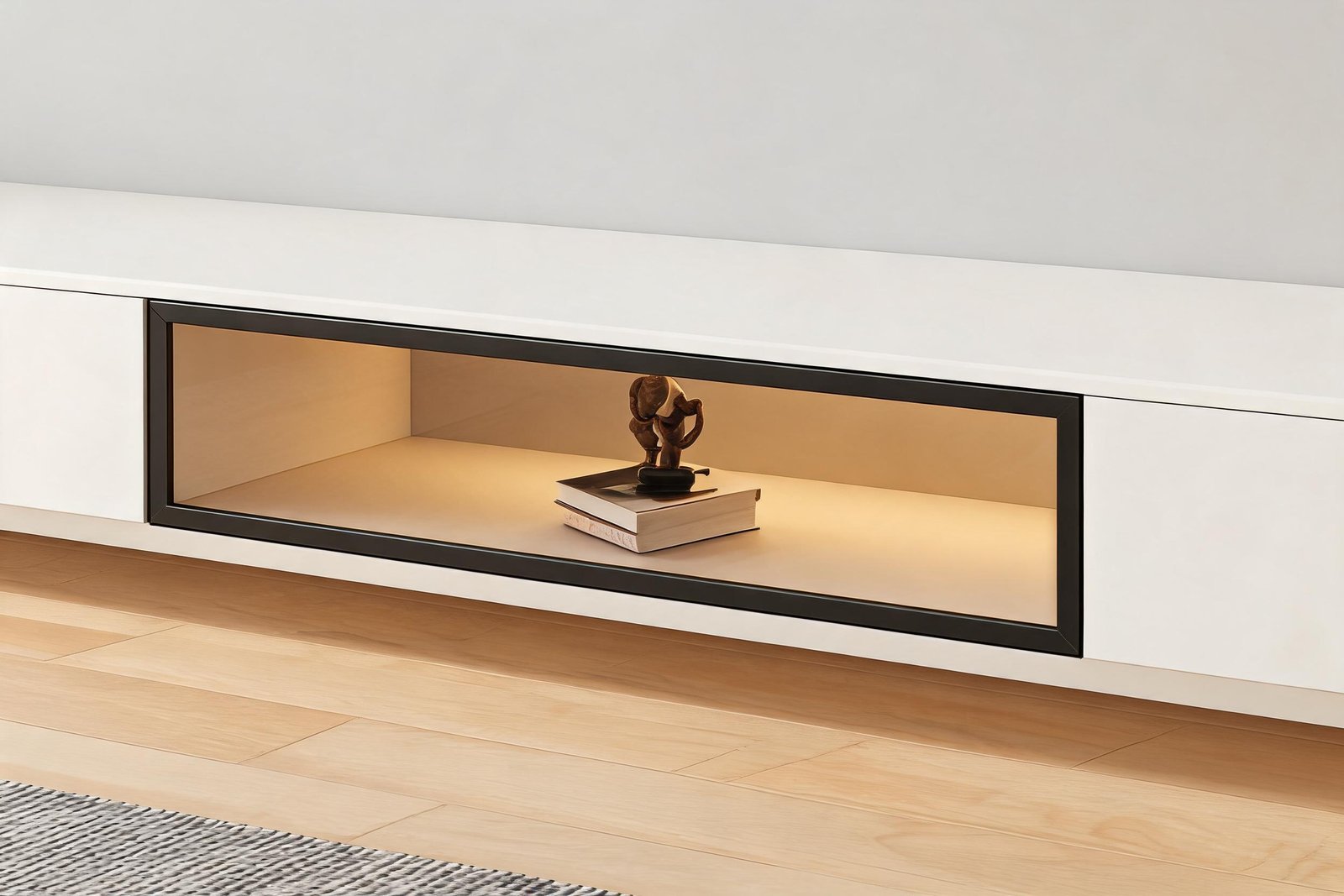 Close-up of floating TV stand glass display cabinet with warm LED lighting