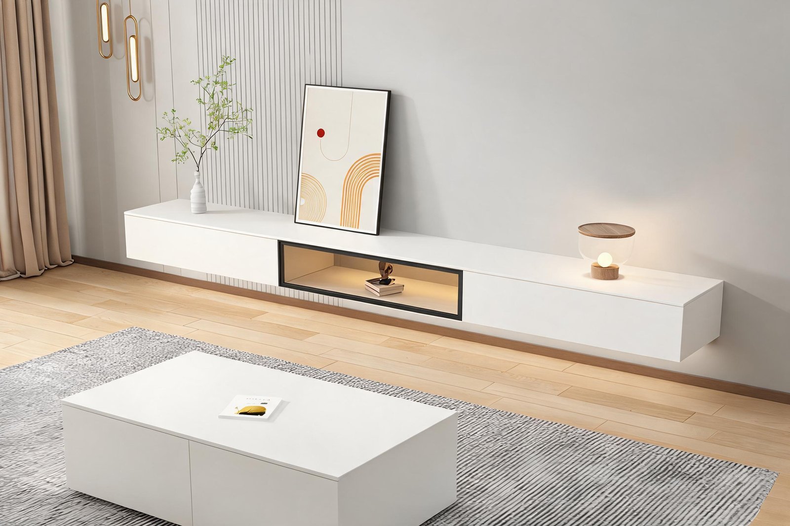 Floating TV stand with LED lighting in a styled living room, angled view