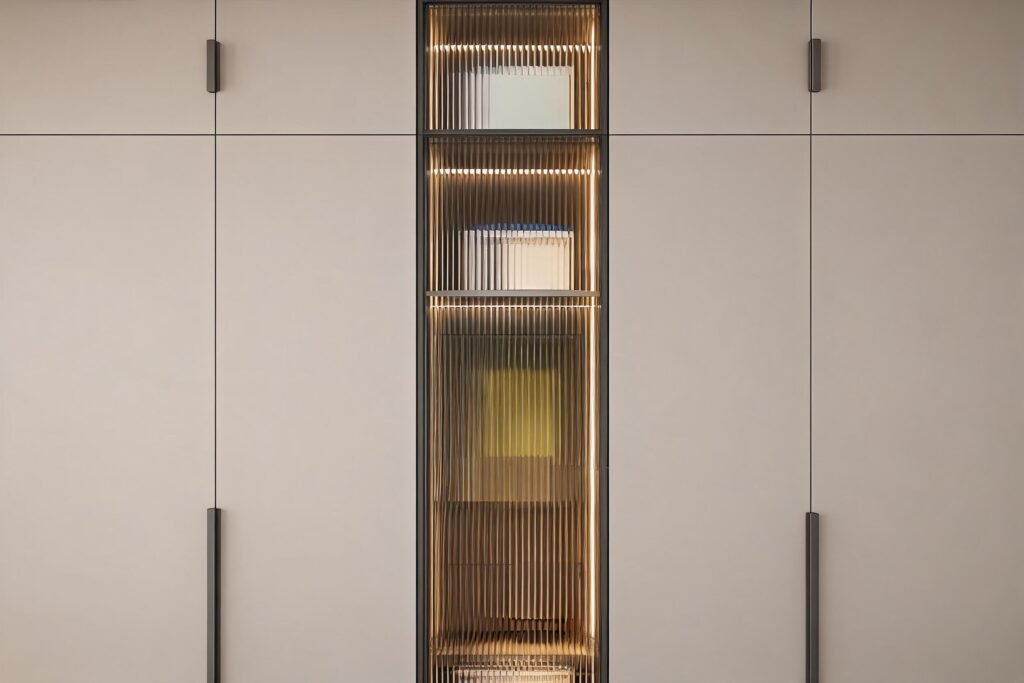 Example image showing fluted glass wardrobe in a styled room setting