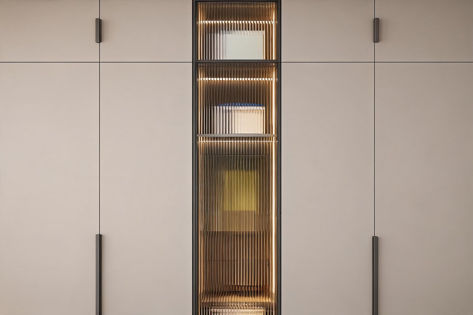 Fluted glass wardrobe with LED lighting in a warm minimalist bedroom - floor to ceiling armoire with reeded glass doors