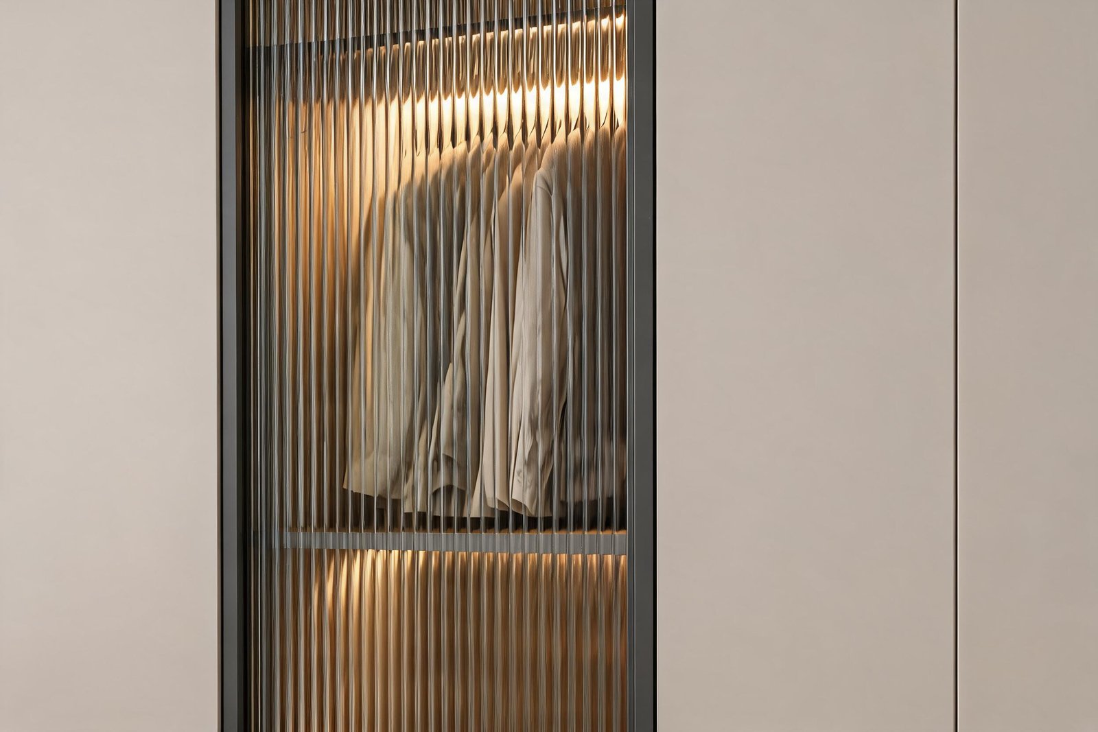 Close-up of fluted glass wardrobe doors with warm LED glow through reeded glass