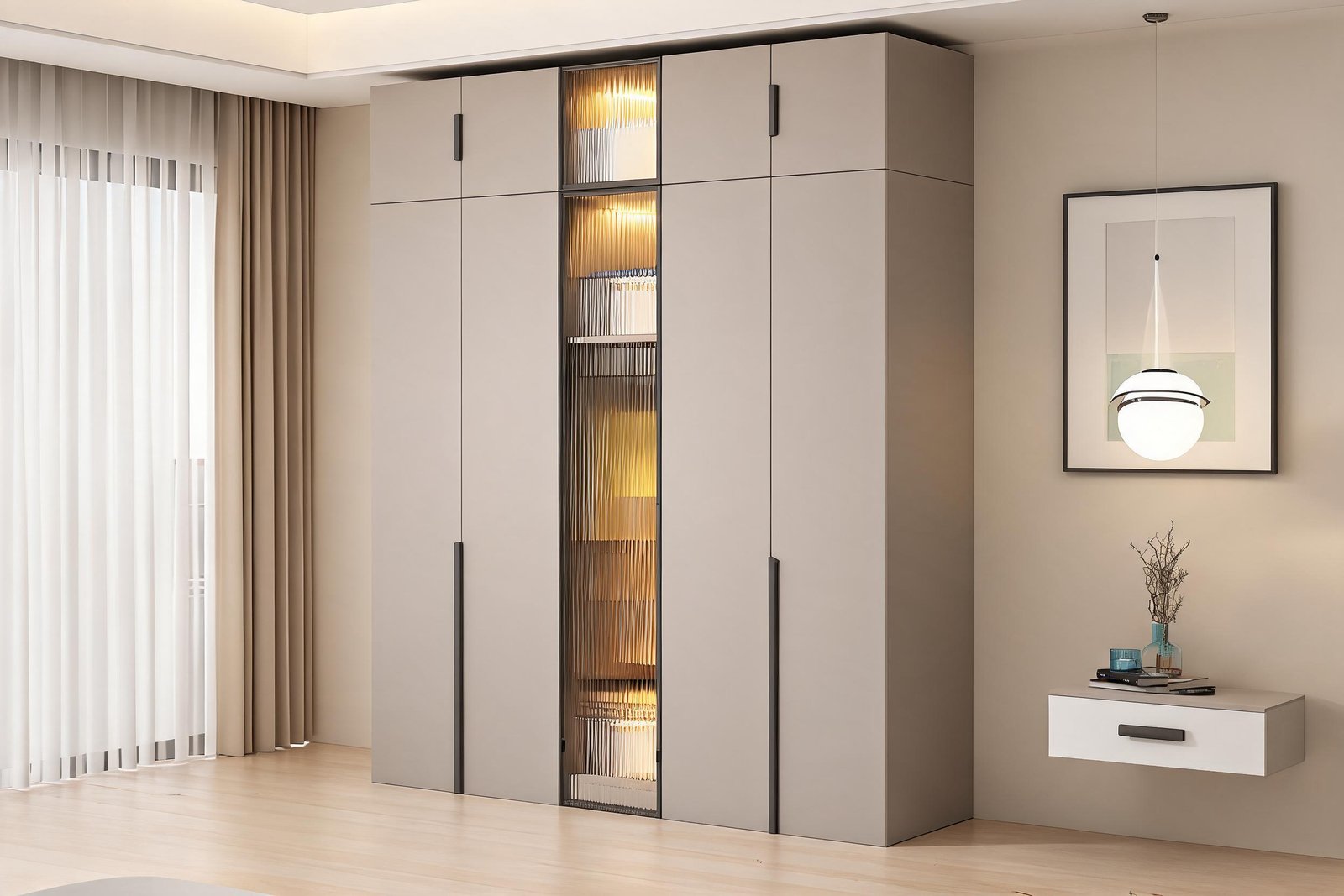 Fluted glass wardrobe with lights styled in a modern bedroom, angled view