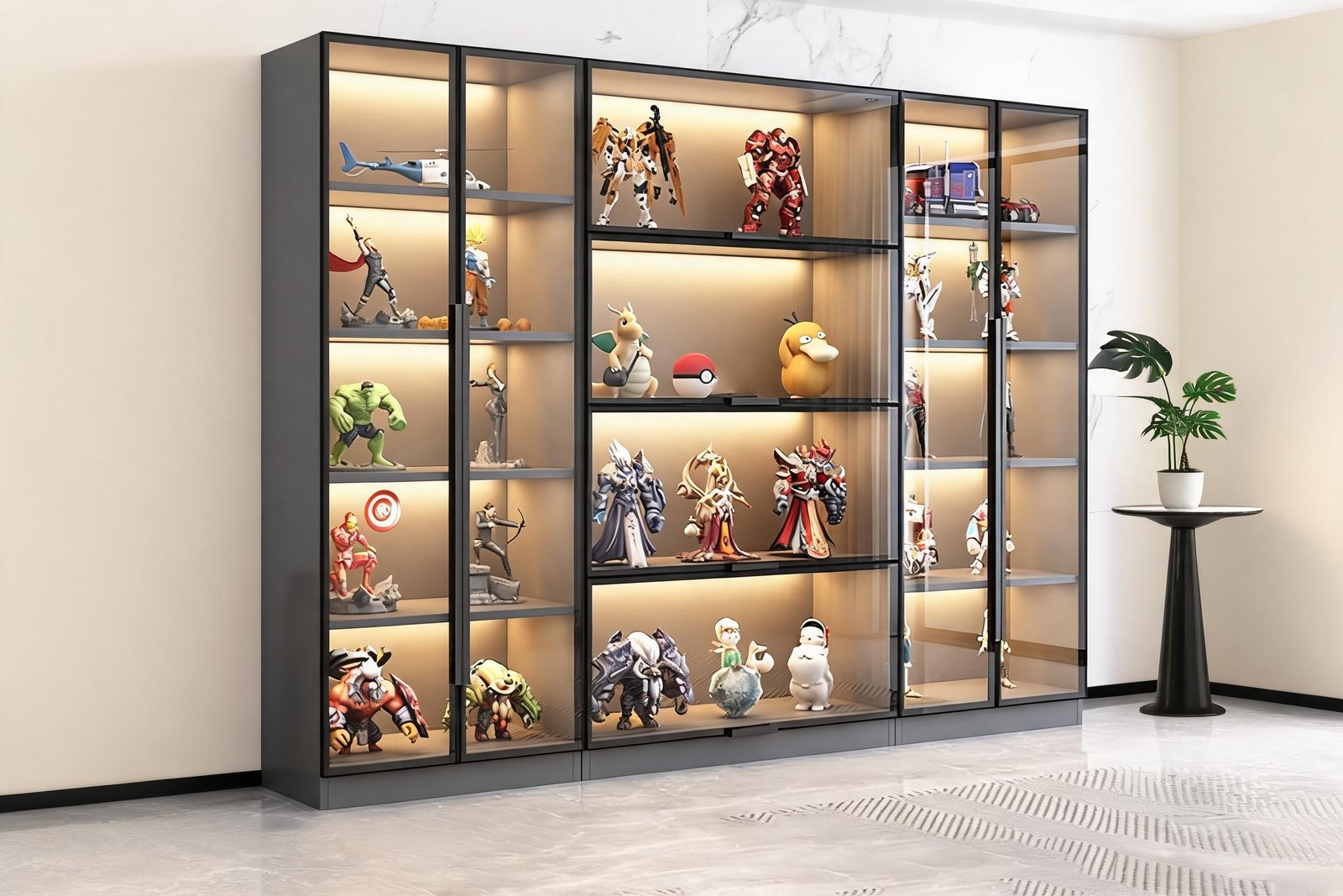 Glass display cabinet with LED lighting in a living room corner with side table