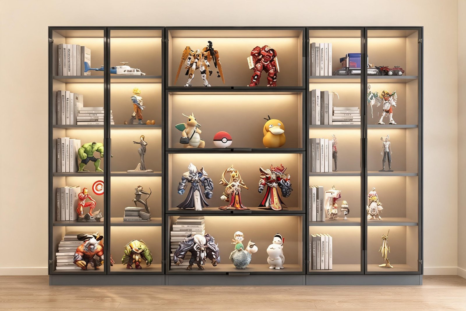 Glass display cabinet with LED lighting and glass doors in a warm cream living room