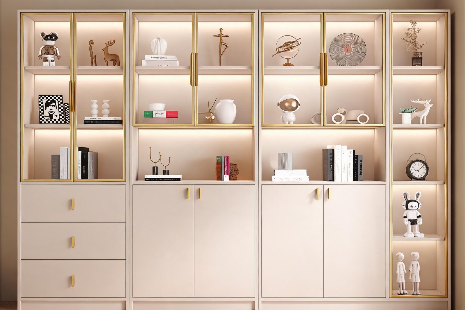 Glass door bookcase with LED lights and gold-framed glass doors in a cream living room