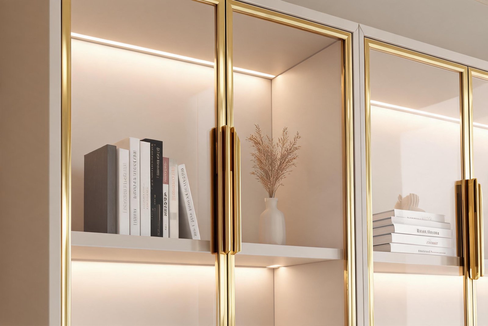 Close-up of glass door bookcase warm LED lighting on books and decor