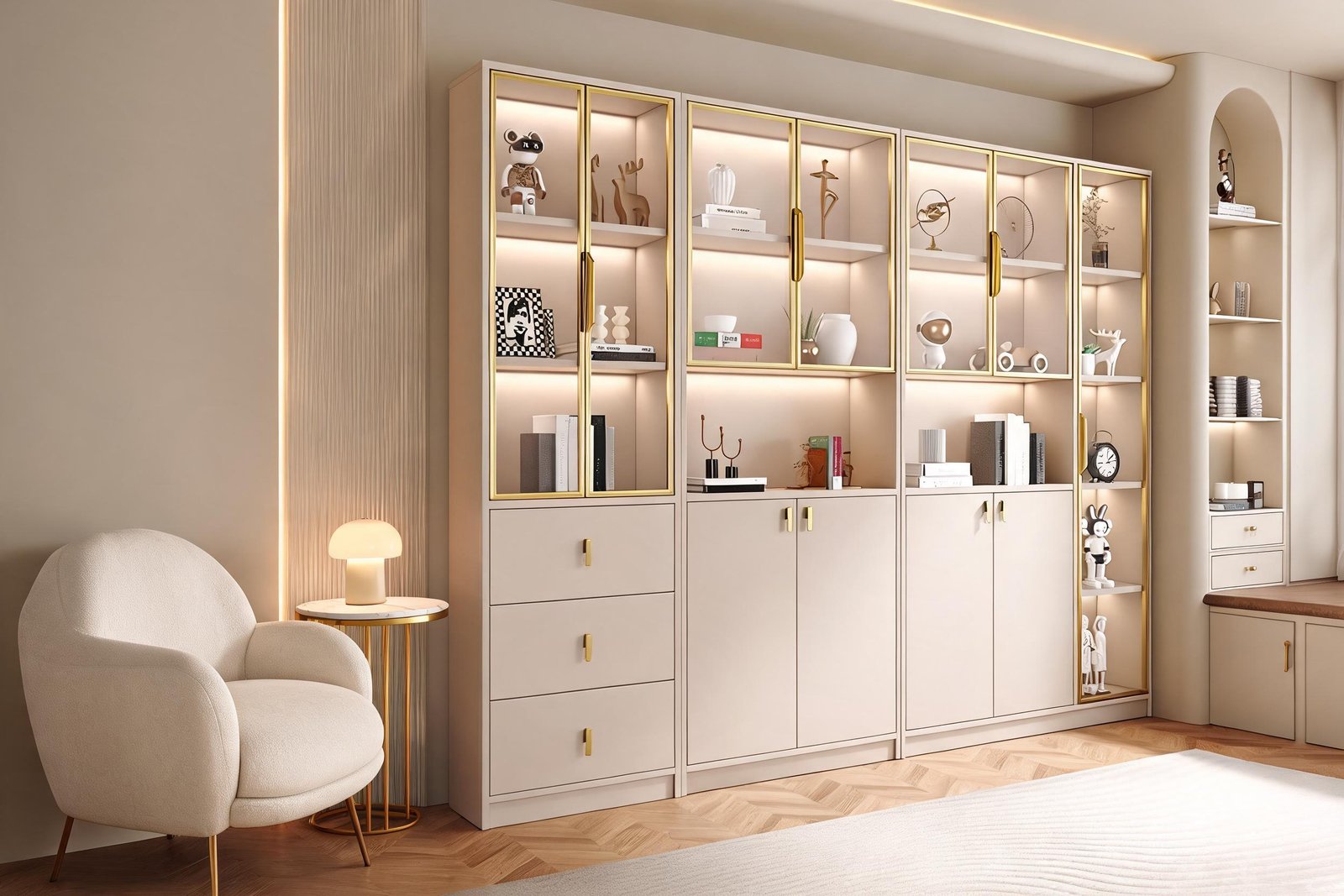 Glass door bookcase with LED lighting styled in a warm minimalist study