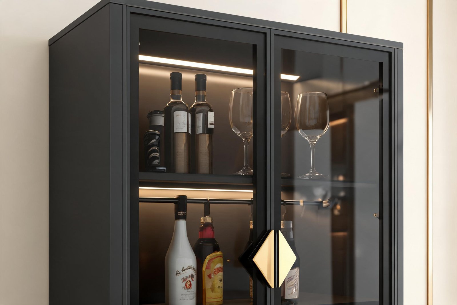Close-up of the tempered glass door, warm LED lighting and wine bottles inside a charcoal wine cabinet